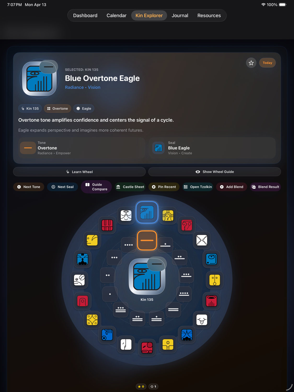 Dreamspell Kin Explorer on iPad in dark mode with the larger wheel layout.
