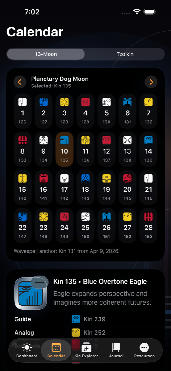 Dreamspell calendar view in dark mode showing the 13 Moon month grid and kin dates.