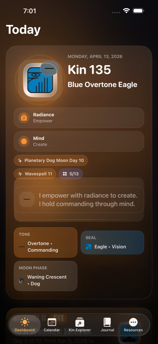 Dreamspell dashboard showing today's kin, the Gregorian date, and the monthly calendar in dark mode.
