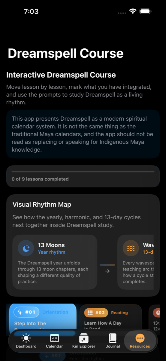 Dreamspell course screen in dark mode with guided lessons for learning the system.