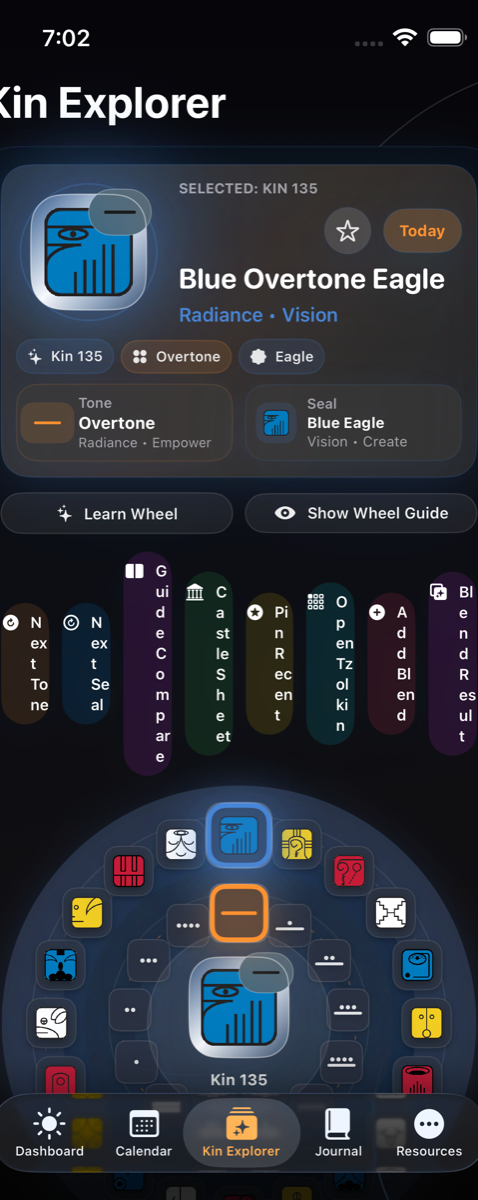 Dreamspell Kin Explorer in dark mode with the circular kin selector and dark picker controls.