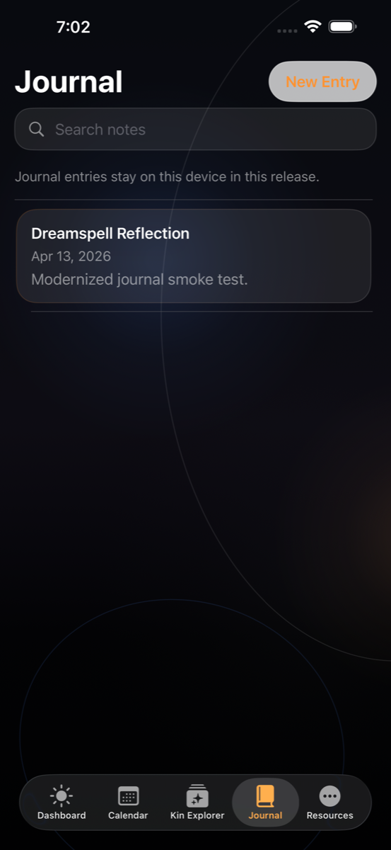 Dreamspell Journal screen in dark mode with local reflection entries.