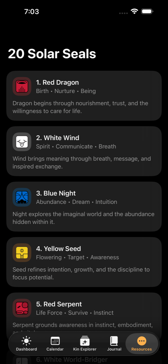 Dreamspell 20 Solar Seals reference screen in dark mode.