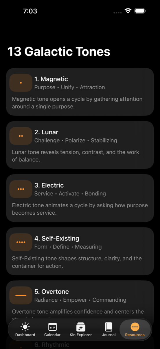 Dreamspell 13 Galactic Tones reference screen in dark mode.